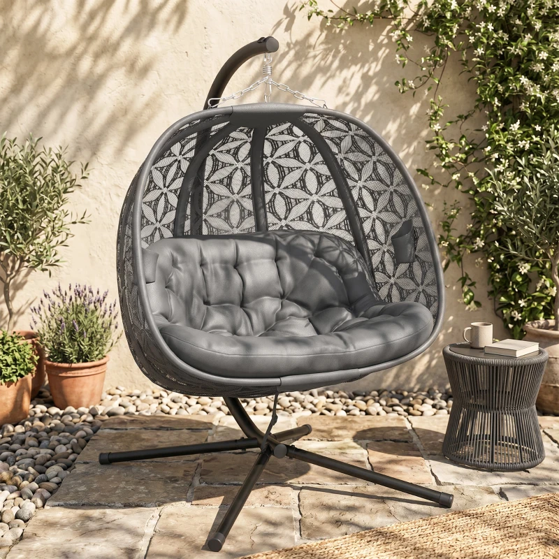 Outsunny Outdoor Double Hanging Chair with Cushion and Cup Holders, Charcoal Grey