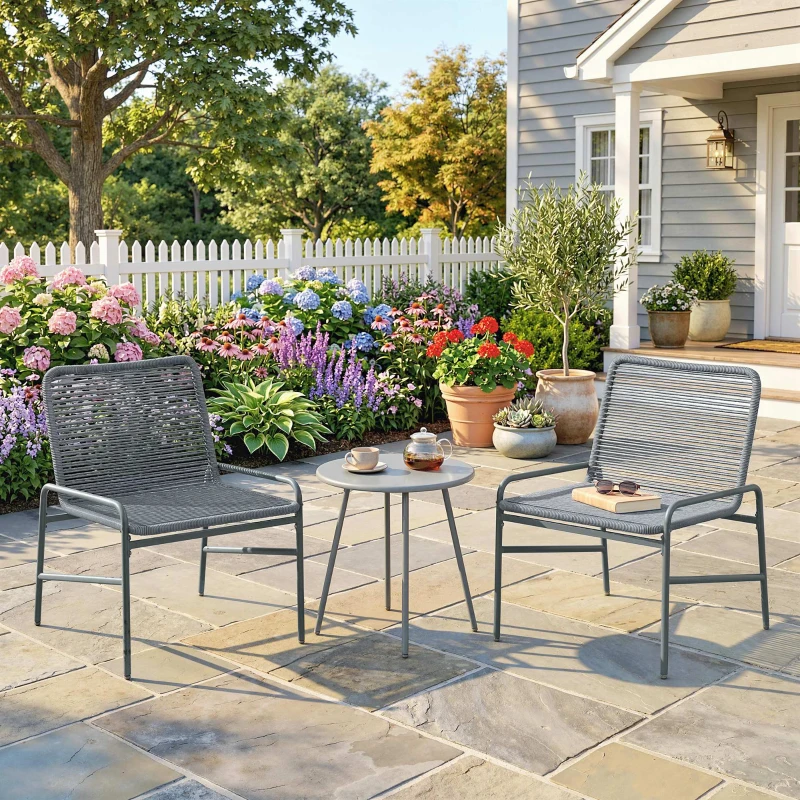Outsunny 3 Piece Rattan Bistro Set, Outdoor Garden Furniture Set with 2 Chairs, Round Coffee Table for Patio, Balcony, Dark Grey