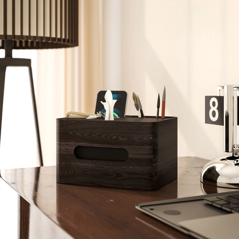 HOMCOM Organiseur de bureau rangement bureau multifonction avec 2 compartiments boîte à mouchoirs en bois marron