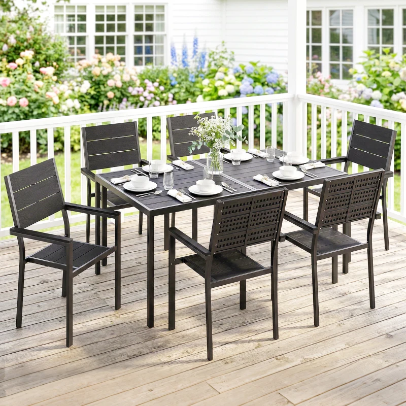 Outsunny 7 Pieces Outdoor Dining Set, Patio Table and Chairs for 6, Garden Dining Furniture Set with Slatted Tabletop