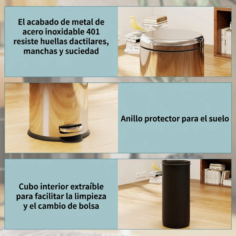 HOMCOM Cubo de Basura con Apertura a Pedal Basurero Automático Cierre Interno Extraíble con Volumen de 30 L Acero Inoxidable Ф29,2x62,9 cm Plateado