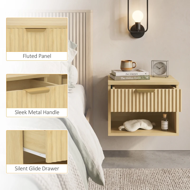 HOMCOM Floating Nightstands Set of 2, Modern Wall-Mounted Bedside Tables with Fluted Drawer and Open Shelf for Bedroom, Oak