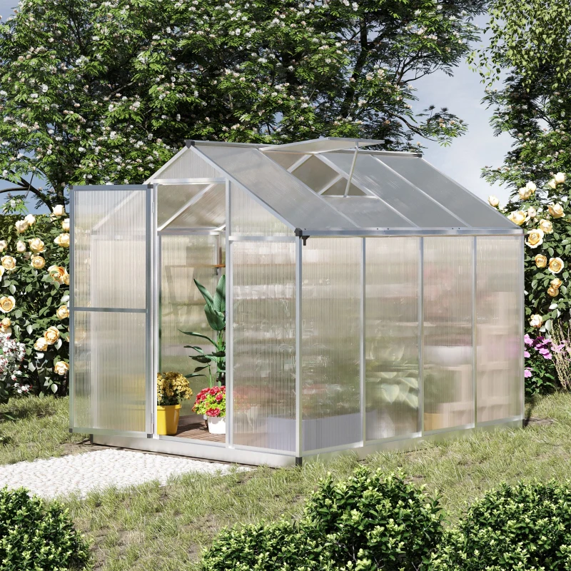 Outsunny Serre de jardin en aluminium polycarbonate, serre avec fenêtres supérieures réglables, porte battante, abri extérieur résistant aux intempéries pour plante fleur, 242x190x195 cm, transparent(m-10)