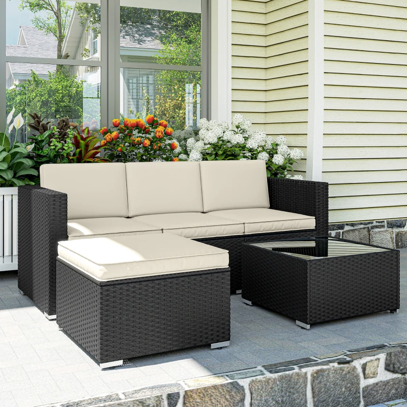 Outsunny Conjunto de Muebles de Ratán de Jardín Sofá de 3 Plazas Taburete y Mesa de Centro con Encimera de Cristal Negro