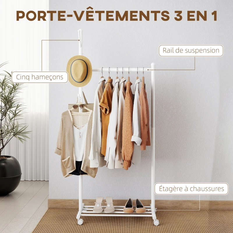 HOMCOM Portant à vêtements, porte-manteau sur roulettes avec étagère à chaussures et 5 crochets, 68 x 43 x 171 cm, blanc