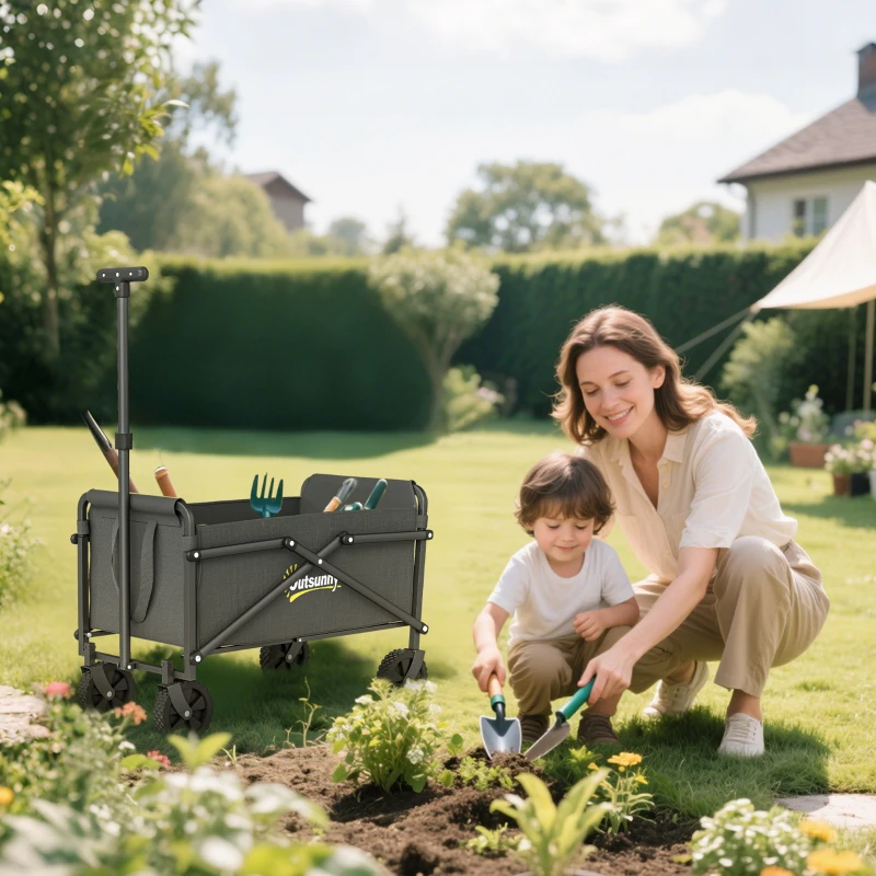 Outsunny 62L Festival Trolley on Wheels, Portable Small Folding Trolley Cart, 60kg Heavy Duty Collapsible Foldable Wagon with Adjustable Handle and Carrying Bag for Beach, Camping, Garden, Grey