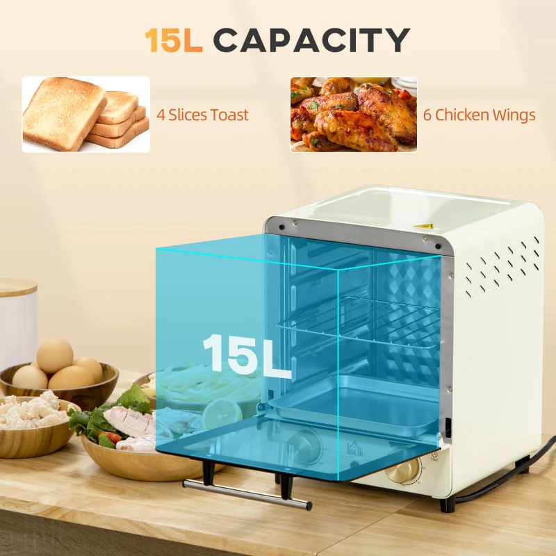 HOMCOM 15 Litres Electric Oven, Convection Mini Oven and Grill with 60-230℃ Temperature, Timer, Include Baking Tray, Wire Rack and Crumb Tray, 1000W, Cream White