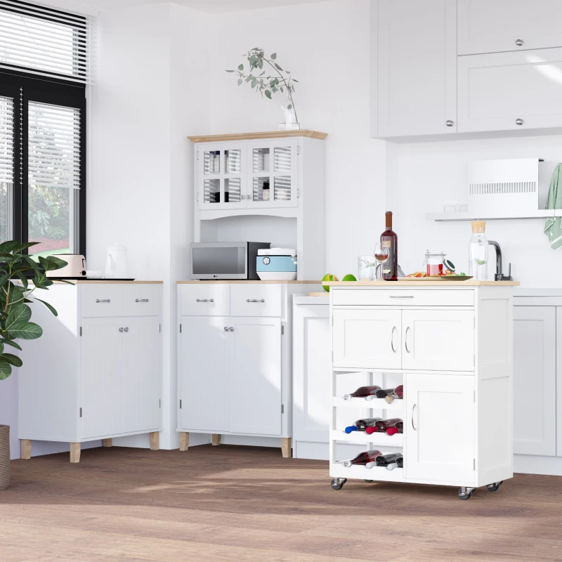 HOMCOM Desserte de cuisine multi rangements 2 placards tiroir casier 9 bouteilles MDF blanc plateau bois caoutchouc