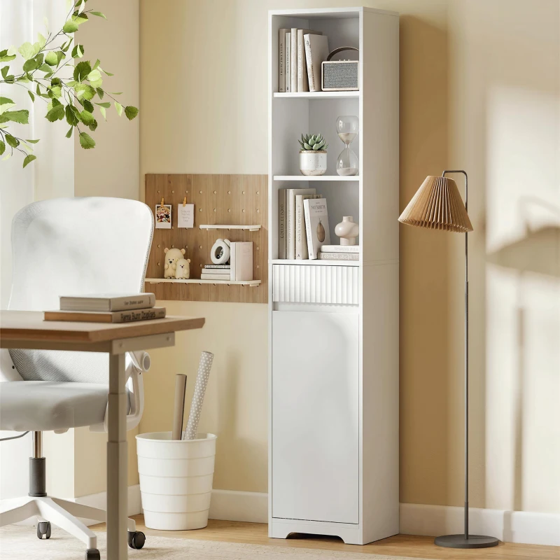 HOMCOM Armario de Baño Alto con Cajón Diseño Acanalado Estante Ajustable Estantes Abiertos para Espacios Pequeños Blanco