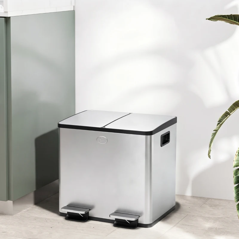 HOMCOM 30L Dual Compartment Stainless Steel Bin, with Deodoriser Holders - Silver Tone
