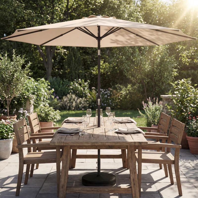 Outsunny 2.7 m Garden Parasol Umbrella with Cross Base and Sandbag, Retractable Ribs, Outdoor Table Market Umbrella, Khaki