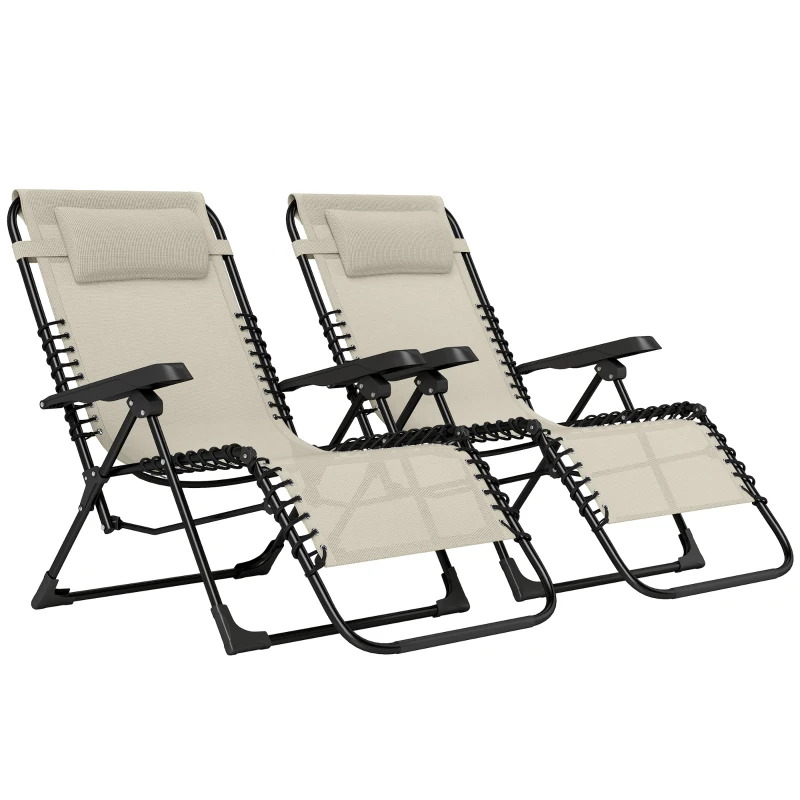 Outsunny Lot de 2 bain de soleil, chaise longue pliante inclinable avec appuie-tête en textilène, 90 x 65 x 112 cm, beige