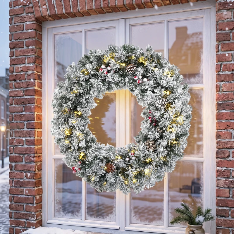 HOMCOM Schneebesetzte Weihnachtsgirlande 60 cm mit LED-Lichtern, Tartan-Schleife, Zweige, Zapfen, Beeren, Grün