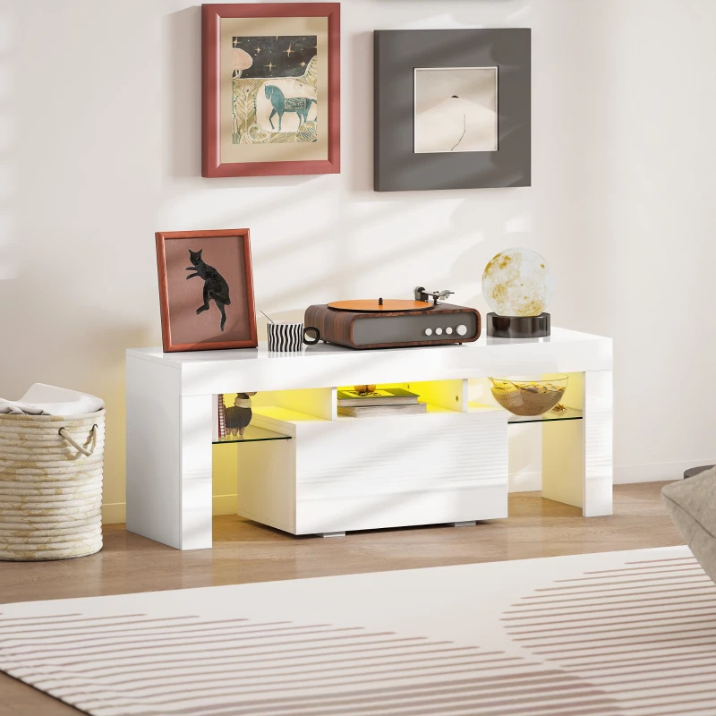 HOMCOM Meuble TV, meuble télé avec éclairage LED RGB, haute brillance, étagères en verre trempé, 120x34x45cm, blanc