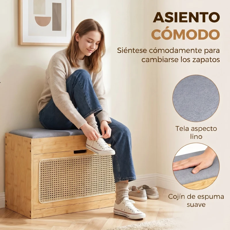 HOMCOM Banco Zapatero Recibidor con Asiento Acolchado Cajón Abatible Puerta de Ratán Estante Ajustable para Entrada Natural