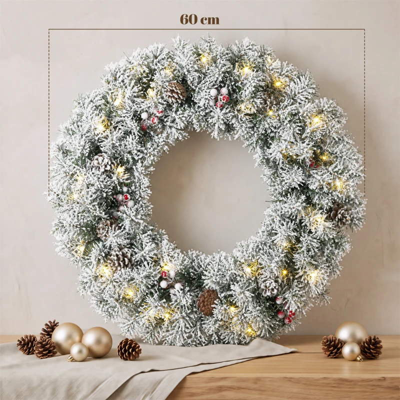 HOMCOM Schneebesetzte Weihnachtsgirlande 60 cm mit LED-Lichtern, Tartan-Schleife, Zweige, Zapfen, Beeren, Grün