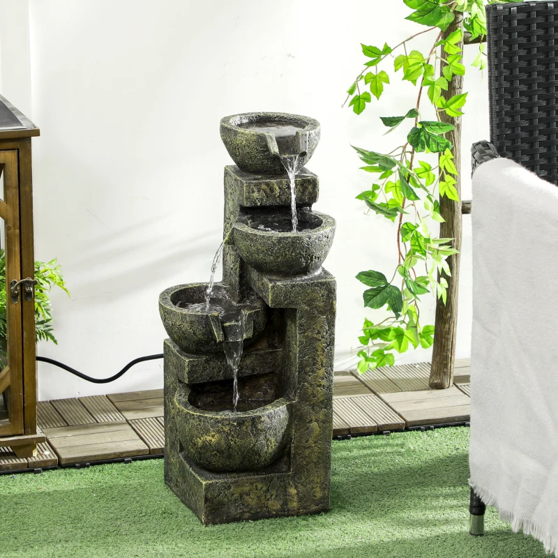 Outsunny Garden Water Feature Waterfall Fountain with 4-Tier Stone Look Bowls, Adjustable Flow