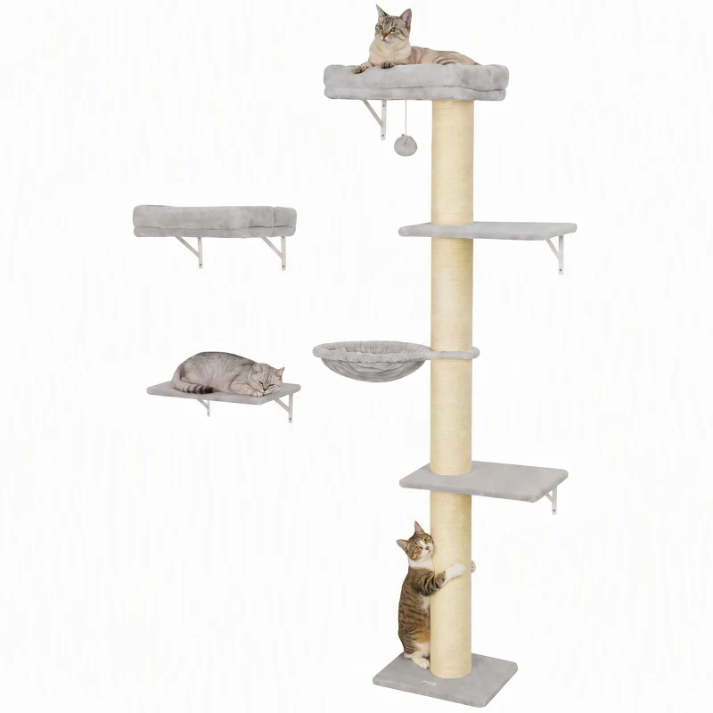 PawHut Mur d'escalade pour chats, Set de 3 pièces d'escalade mural pour chats, éléments muraux pour chats avec arbre à griffer, plateformes et hamac