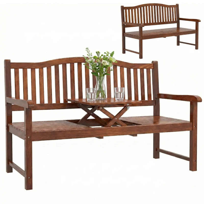 Outsunny Garden Loveseat Bench, 2-3 Seater Outdoor Bench with Liftable Table and Waterproof Cover, Light Brown