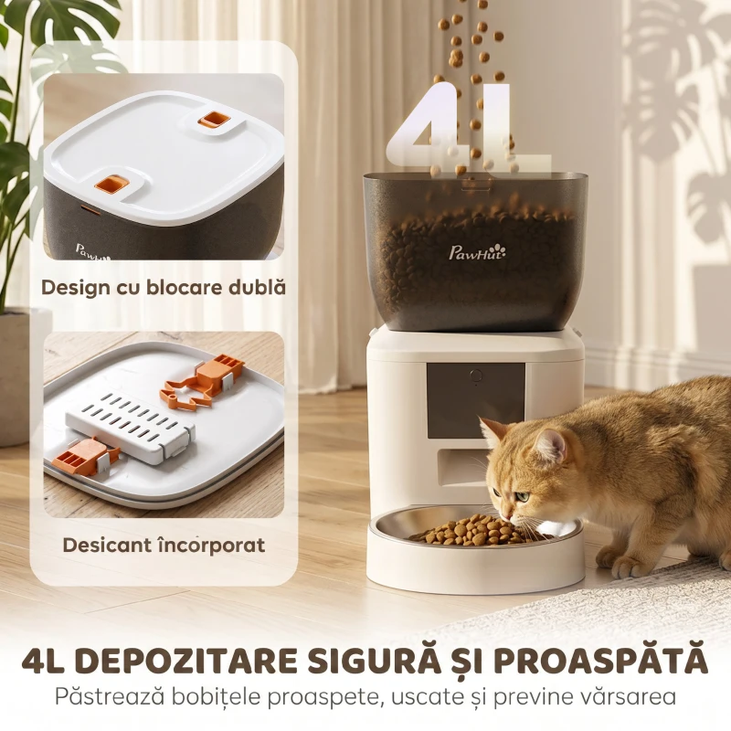 PawHut Distribuitor Automat de Hrană pentru Pisici 4L, WiFi 2.4G, Control App cu Înregistrare 10s, Bol, Alb