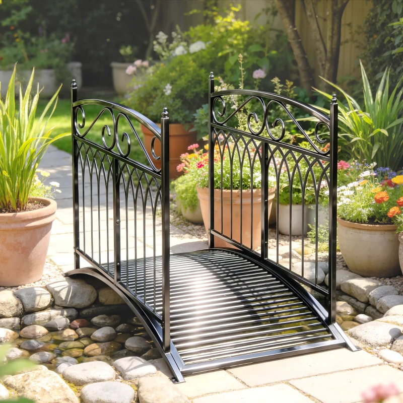 Outsunny Pont de Jardin en Métal Style Baroque Passerelle Décorative avec Garde-Corps 91cm et Charge 100kg Noir