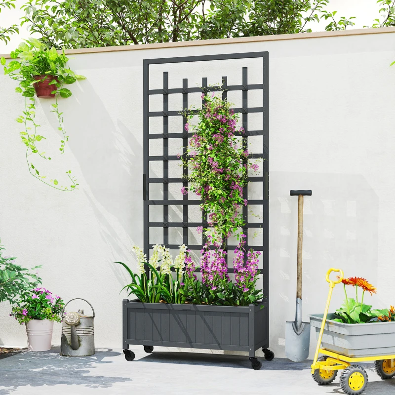 Outsunny Wooden Trellis Planter, Raised Garden Bed with Wheels, to Climb and Grow Vegetables, Herbs and Flowers, Grey