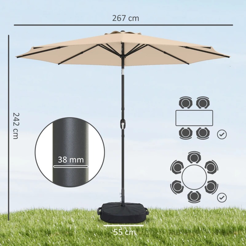 Outsunny 2.7 m Garden Parasol Umbrella with Cross Base and Sandbag, Retractable Ribs, Outdoor Table Market Umbrella, Khaki