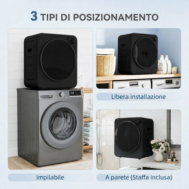 HOMCOM Mini Asciugatrice 2.5 kg, 5 Programmi, 800/400W, Carica Frontale, Impilabile/Parete/Autoportante, Nero