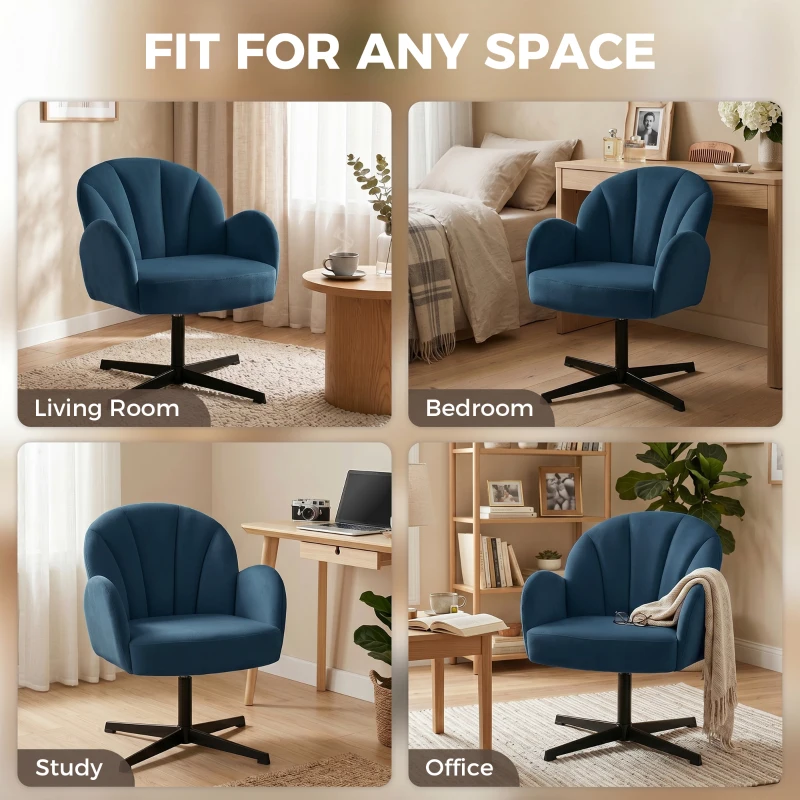 HOMCOM Swivel Accent Chair, Shell-Shaped Armchair with Spring Cushion, Metal Base, Dark Blue