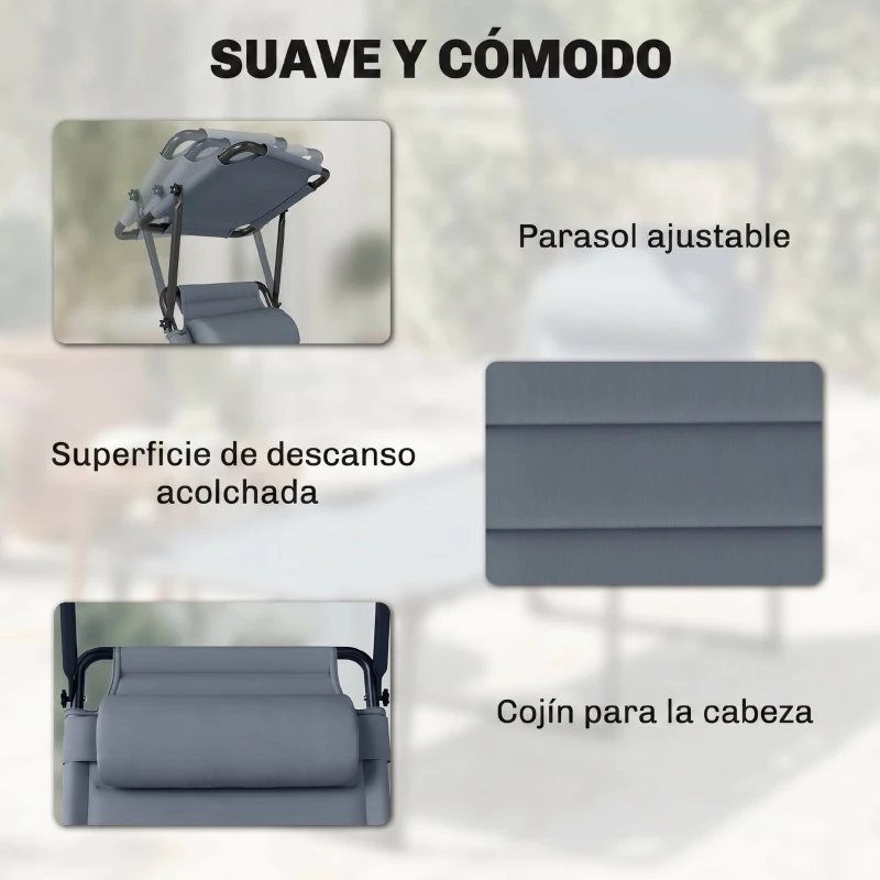 Outsunny Tumbona de Jardín con Toldo Ajustable Respaldo Regulable en 4 Niveles Reposacabezas para Terraza 70x200x45 cm Gris