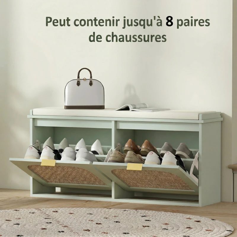 HOMCOM Banc à chaussures, banc de rangement, assise rembourrée, tiroirs rabattables, porte en rotin, 104 x 26 x 47,5 cm, vert