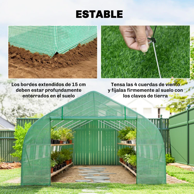 Outsunny Invernadero de Exterior Invernadero de Túnel 8x3x2 m Invernadero de Jardín con 12 Ventanas y Puerta Enrollable para Cultivo Plantas Tomates Verduras Acero y PE 140 g/m² Verde