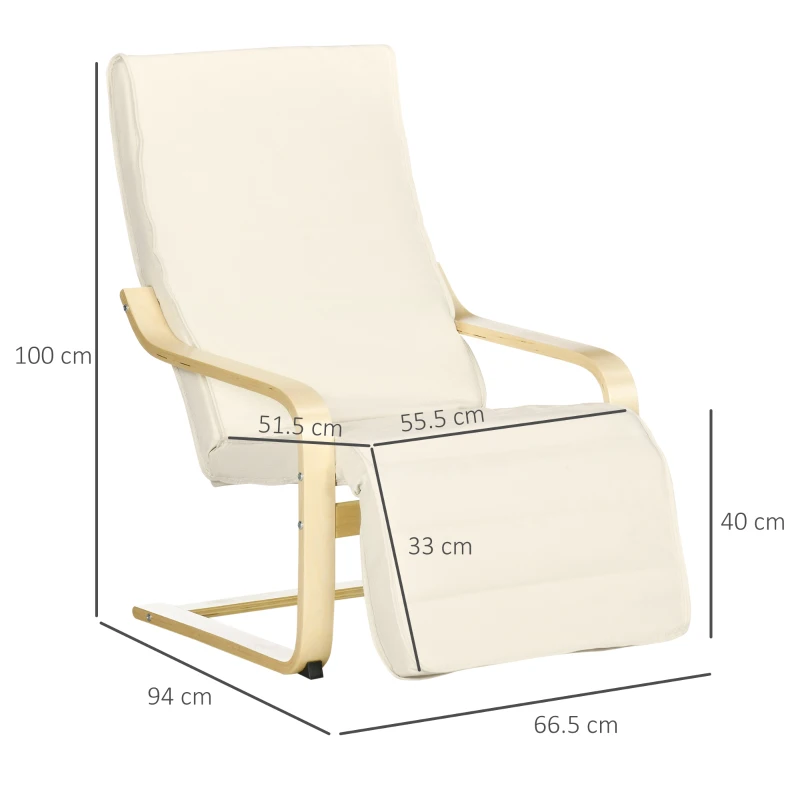 HOMCOM Fotoliu Relax cu Suport pentru Picioare Reglabil pe 5 Niveluri și Tetieră, Cadru din Lemn de Mesteacăn și Țesătură, 66,5x94x100 cm, Crem