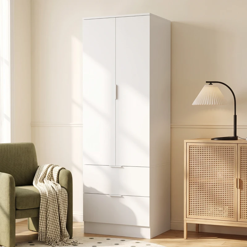 HOMCOM Kleiderschrank mit 2 Schubladen, 2 Soft-Close-Türen und Kleiderstange, 60 x 47 x 180 cm, Weiß