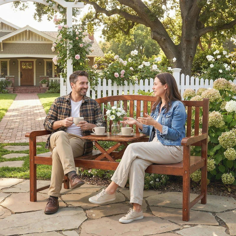 Outsunny Garden Loveseat Bench, 2-3 Seater Outdoor Bench with Liftable Table and Waterproof Cover, Light Brown