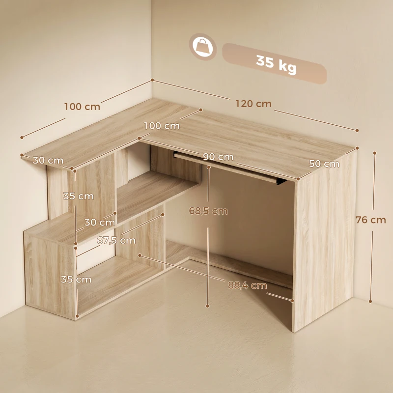 HOMCOM Bureau d'Angle, 120 x 100 x 76 cm, Bureau Informatique en L avec Plateau de Clavier, 4 Compartiments Ouverts, Naturel