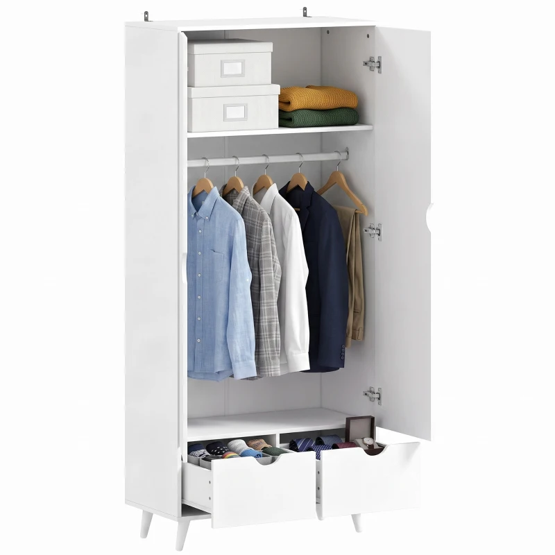 HOMCOM Elegant Home Storage Organisation Furniture, 2-Door Clothes Wardrobe with 2 Drawers, Wood Feet, White
