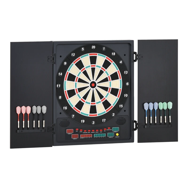 HOMCOM Diana Electrónica Digital hasta 8 Jugadores con 12 Dardos y 30 Puntas con Pantalla LED Puertas 27 Juegos Distintos y 202 Variantes 51x6,5x57 cm Negro
