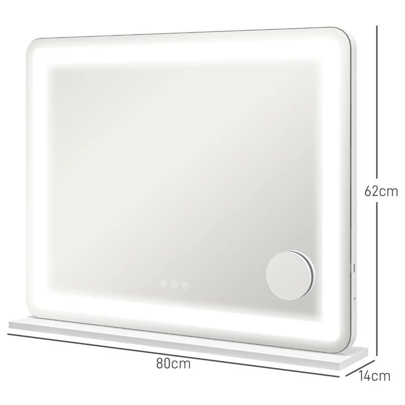 HOMCOM Miroir Lumineux LED intensité 3 modes d'éclairage, grossissement 10X,  port de charge USB, touche tactile - 80 x 62 cm