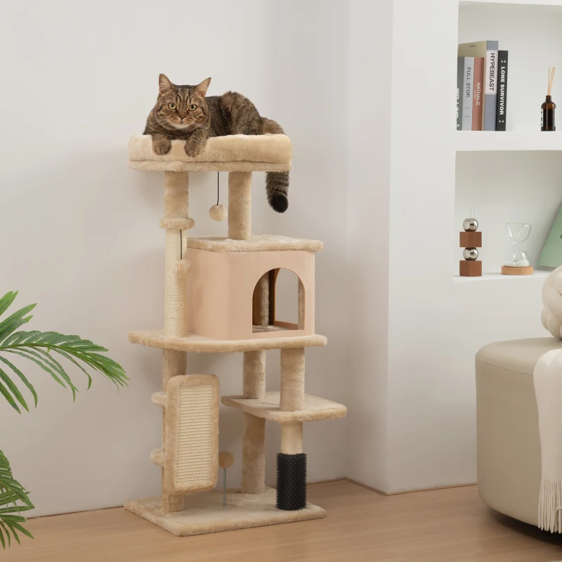 PawHut Arbre à Chat, Tour de Jeux, Hauteur de 104 cm, avec Lit, Maison, Brosse de Toilettage, 44l x 34P x 104H cm, Beige