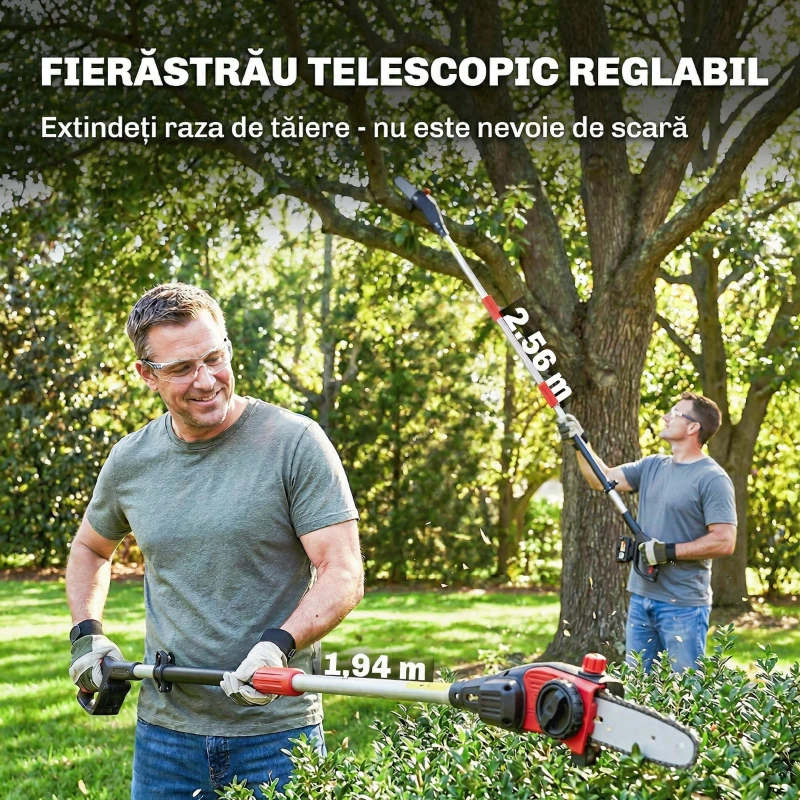 Outsunny Drujbă Telescopică pe Baterie, Drujbă Fără Fir 1,94m/2,56m cu Lubrifiere Automată, Viteză Lanț 6m/s, Pentru Tăierea Arborilor și Crengilor, Fără Baterie