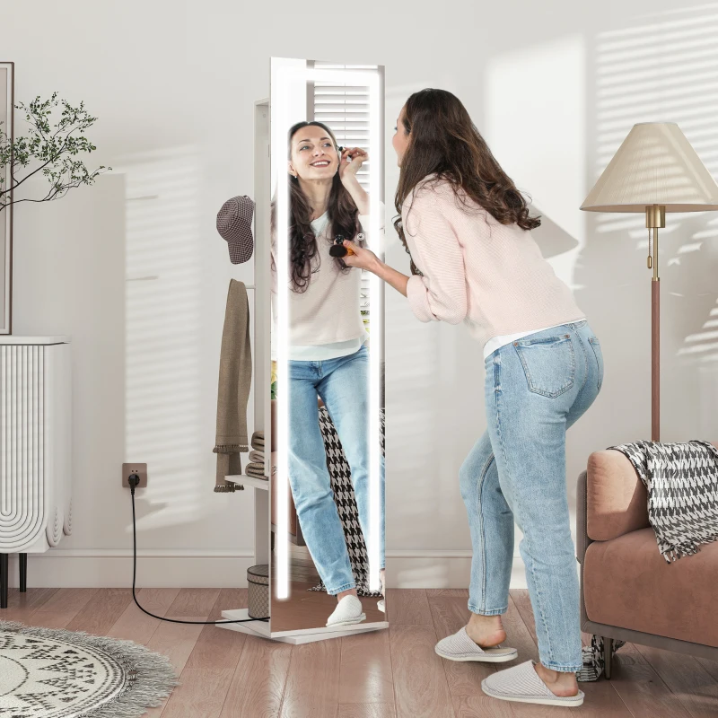HOMCOM Espejo Joyero con Luces LED Espejo Entero Giratorio de 360° Estantes Abiertos Barras para Colgar Blanco