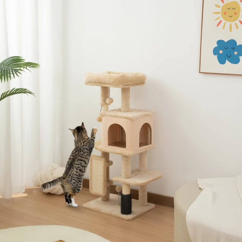 PawHut Arbre à Chat, Tour de Jeux, Hauteur de 104 cm, avec Lit, Maison, Brosse de Toilettage, 44l x 34P x 104H cm, Beige