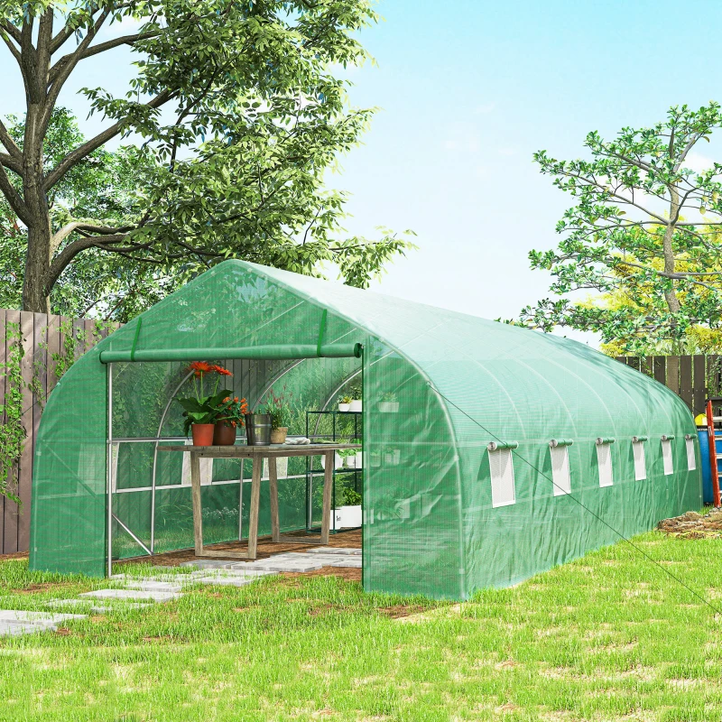 Outsunny Invernadero de Exterior Invernadero de Túnel 8x3x2 m Invernadero de Jardín con 12 Ventanas y Puerta Enrollable para Cultivo Plantas Tomates Verduras Acero y PE 140 g/m² Verde