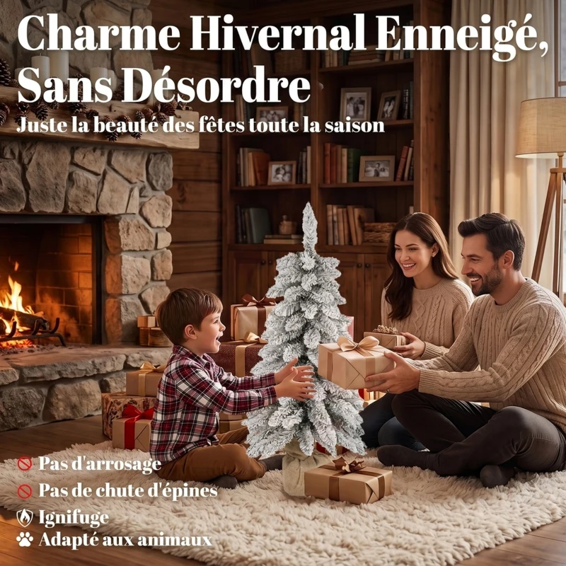 HOMCOM Sapin de Noël Artificiel 90 cm, 107 Embouts de Branches Enneigés en PVC, Base en Toile de Jute, Montage Rapide, Blanc