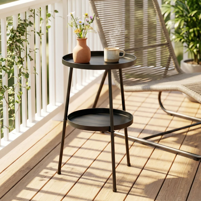 Outsunny Patio Side Table, 2-Tier Round Coffee End Table for Garden Balcony Living Room Bedroom, Black