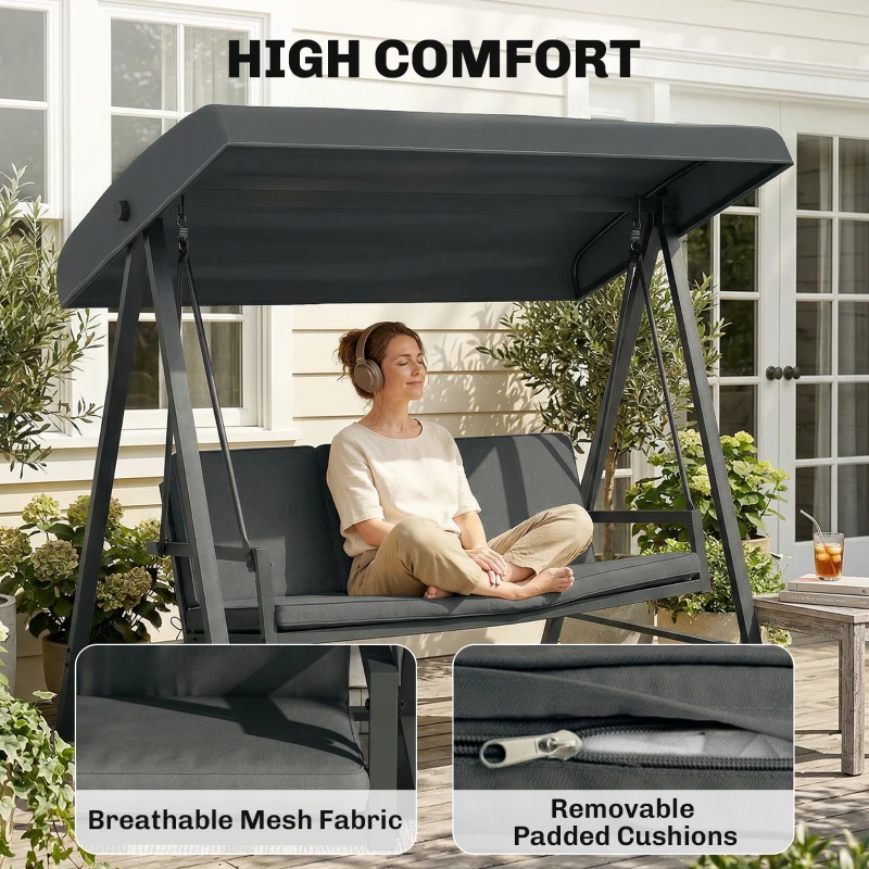 Outsunny Three-Seat Garden Swing Chair, with Adjustable Canopy - Dark Grey