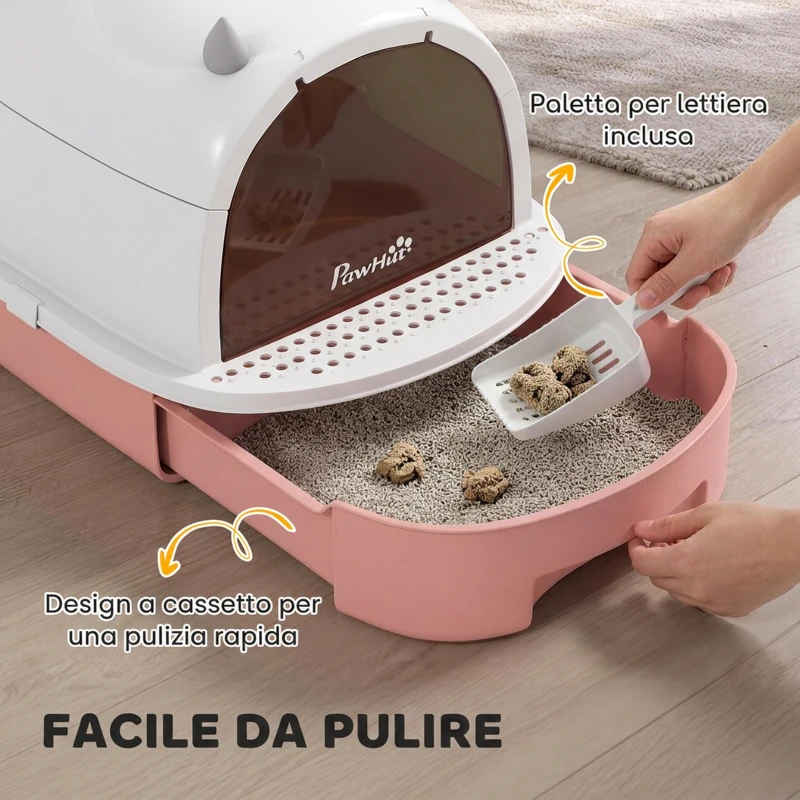 PawHut Lettiera per Gatti Chiusa con Vassoio Estraibile, Paletta e Filtro ai Carboni Attivi, Rosa