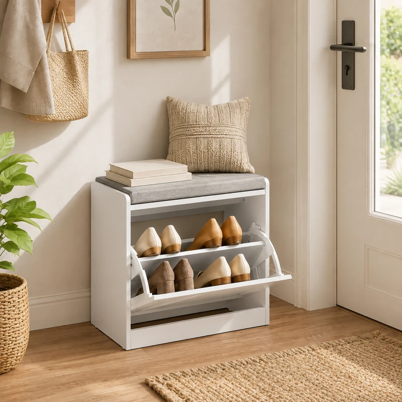 HOMCOM Bancă pantofar cu compartiment rabatabil, 60x30x52 cm, alb