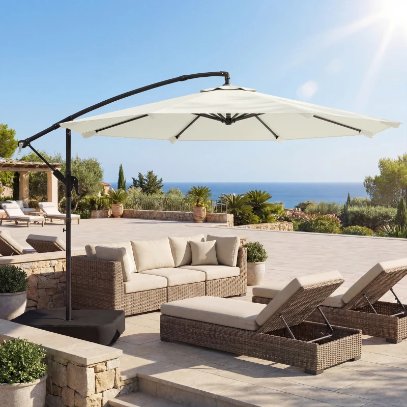 Outsunny 3 m Garden Cantilever Parasol with Cross Base, Sandbag, 360° Rotating Overhanging Banana Umbrella, Cream White